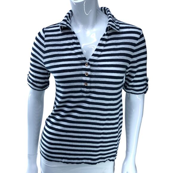 Chicos Womens Size 0 US 4 Small Polo Shirt Blue White Stripe Nautical 100% Linen - Picture 11 of 16